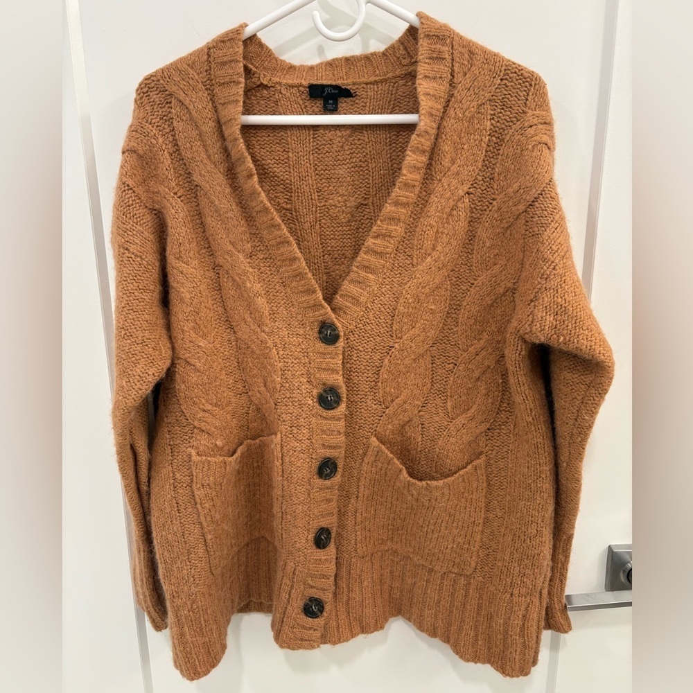 J. Crew Brown Rust Wool Alpaca Blend  Cable Knit Oversized Cardigan Size M - Picture 2 of 16